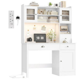 White Computer Desk With Drawers   Storage Shelves & Power Outlets & Led - thumbnail 1