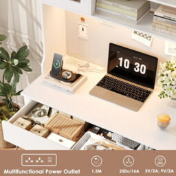White Computer Desk With Drawers   Storage Shelves & Power Outlets & Led - thumbnail 5