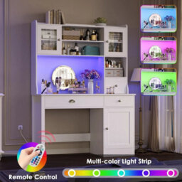White Computer Desk With Drawers   Storage Shelves & Power Outlets & Led - thumbnail 4