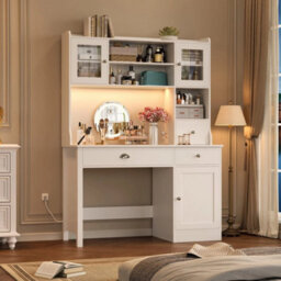 White Computer Desk With Drawers   Storage Shelves & Power Outlets & Led - thumbnail 3