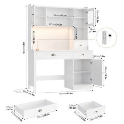 White Computer Desk With Drawers   Storage Shelves & Power Outlets & Led - thumbnail 2