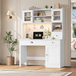 White Computer Desk With Drawers   Storage Shelves & Power Outlets & Led - thumbnail 6