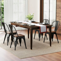 4 Pack Industrial Dining Chairs Black Metal Frame Wood Seat Stackable Kitchen - thumbnail 4