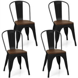 4 Pack Industrial Dining Chairs Black Metal Frame Wood Seat Stackable Kitchen - thumbnail 1