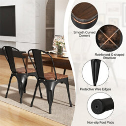 4 Pack Industrial Dining Chairs Black Metal Frame Wood Seat Stackable Kitchen - thumbnail 3