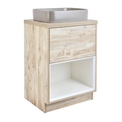 Homestylestore Light Oak 600mm Bathroom Vanity Unit Rectangular Pebble Countertop Basin Open Shelf - image 1