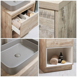 Homestylestore Light Oak 600mm Bathroom Vanity Unit Rectangular Pebble Countertop Basin Open Shelf - thumbnail 2