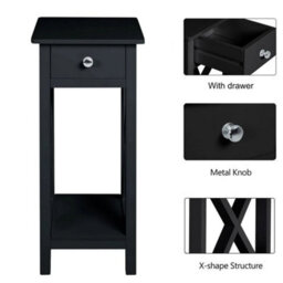Black Narrow Bedside Table Slim Side Table Tall Nightstand End Table With Drawer Shelf - thumbnail 3