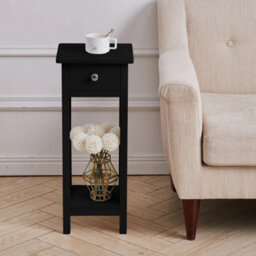 Black Narrow Bedside Table Slim Side Table Tall Nightstand End Table With Drawer Shelf - thumbnail 4
