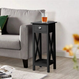Black Narrow Bedside Table Slim Side Table Tall Nightstand End Table With Drawer Shelf - thumbnail 6