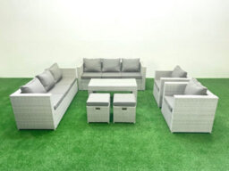Fimous Outdoor Garden Furniture Rattan Sofa Set 2 Armchairs Oblong Coffee Table 2 Small Stools Light Grey - thumbnail 1