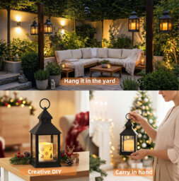 "Bright Zeal 2 Pack Black Candle Lanterns 10.2""  Battery With Warm Led Timer, Indoor Table & Fireplace Decor" - thumbnail 2