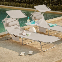 Sobuy Ogs48-Mix2, Set Of 2 Outdoor Garden Beach Folding Chair Sun Lounger With Adjustable Sun Shade And Backrest, Beige - thumbnail 9