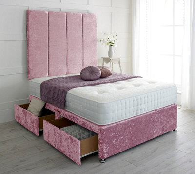 "Adore Designs Stafford Crushed Velvet Divan Bed, With Pocket Mattress & 36"" Headboard - 3Ft Single - Pink - 2 Drawers Same Side"
