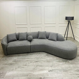 Stratus Interiors Curved Corner Boucle 6 Seater Teddy Fabric Sofa In Grey - thumbnail 2