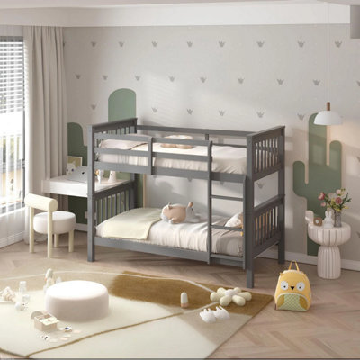 Interior Emporium Lily Wooden Bunk Bed With 2 Single Mattress - Solid Pine Space-Saving Frame - Kids Bedroom Furniture - Grey - image 1