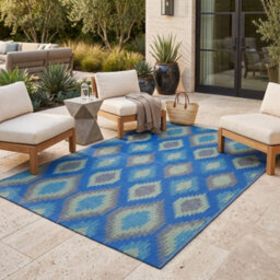 Homescapes Luxury Outdoor Rug Waterproof Reversible For Garden, 150 X 240 Cm, Green & Blue, 100% Recycled, Amber Ikat - thumbnail 8