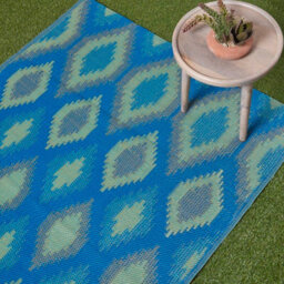 Homescapes Luxury Outdoor Rug Waterproof Reversible For Garden, 150 X 240 Cm, Green & Blue, 100% Recycled, Amber Ikat - thumbnail 2