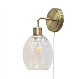 First Choice Lighting Toby - Antique Brass Plug In Wall Light With Birch Fluted Glass Shade - thumbnail 2