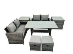 Fimous 6 Seater Wicker Pe Rattan Furniture Outdoor Dining Table Double Seat Sofa 2 Side Table 2 Small Stools Set Dark Grey Mixed - thumbnail 1