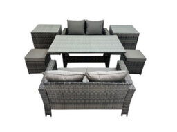 Fimous 6 Seater Wicker Pe Rattan Furniture Outdoor Dining Table Double Seat Sofa 2 Side Table 2 Small Stools Set Dark Grey Mixed - thumbnail 2