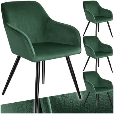 Tectake Set Of 4 Dining Chair Marilyn - With Armrests, Padded, Velvet Look, Black Steel Legs - Dark Green / Black