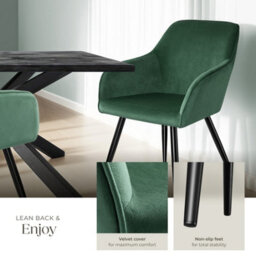 Tectake Set Of 4 Dining Chair Marilyn - With Armrests, Padded, Velvet Look, Black Steel Legs  - Dark Green / Black - thumbnail 4