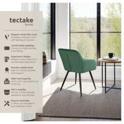 Tectake Set Of 4 Dining Chair Marilyn - With Armrests, Padded, Velvet Look, Black Steel Legs  - Dark Green / Black - thumbnail 2