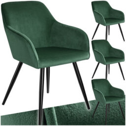 Tectake Set Of 4 Dining Chair Marilyn - With Armrests, Padded, Velvet Look, Black Steel Legs  - Dark Green / Black - thumbnail 1