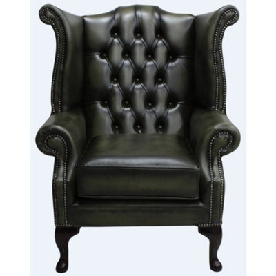 Chesterfield High Back Wing Chair Antique Olive Leather Bespoke In Queen Anne Style - image 1