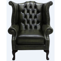 Chesterfield High Back Wing Chair Antique Olive Leather Bespoke In Queen Anne Style - thumbnail 1