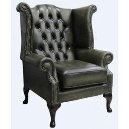 Chesterfield High Back Wing Chair Antique Olive Leather Bespoke In Queen Anne Style - thumbnail 2