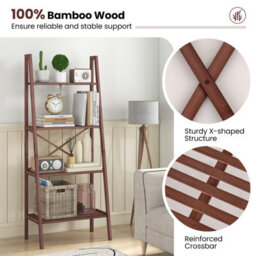 Gainoom Bamboo Coffee Ladder Bookshelf 4-Tier Freestanding Bookcase - thumbnail 5
