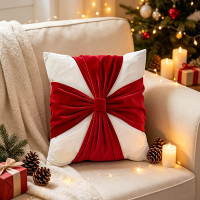 Amorly 18 X 18In Christmas Red White Velvet Cushion Covers, Bow Design Throw Pillow Cases For Sofa Bed Decor, Inserts Not Included - image 1