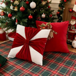 Amorly 18 X 18In Christmas Red White Velvet Cushion Covers, Bow Design Throw Pillow Cases For Sofa Bed Decor, Inserts Not Included - thumbnail 4