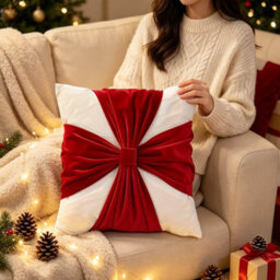 Amorly 18 X 18In Christmas Red White Velvet Cushion Covers, Bow Design Throw Pillow Cases For Sofa Bed Decor, Inserts Not Included - thumbnail 7