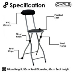 Oypla Black Padded Folding High Chair Breakfast Kitchen Bar Stool Seat - thumbnail 3