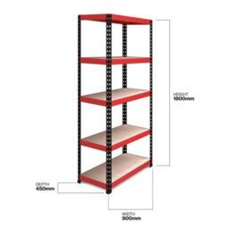 Rb Boss Garage Shelving Units Fastlok 5 Shelf Mdf Red & Black Powder Coated Steel (H)1800mm (W)900mm (D)450mm - thumbnail 3