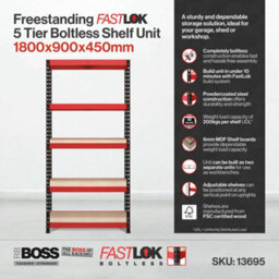 Rb Boss Garage Shelving Units Fastlok 5 Shelf Mdf Red & Black Powder Coated Steel (H)1800mm (W)900mm (D)450mm - thumbnail 6