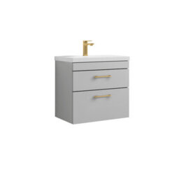 Balterley Rio 2 Drawer Wall Hung Vanity Basin Unit - 600mm - Gloss Grey Mist With Brushed Brass D Handles (Tap Not Included)