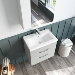 Balterley Rio 2 Drawer Wall Hung Vanity Basin Unit - 600mm - Gloss Grey Mist With Brushed Brass D Handles (Tap Not Included) - thumbnail 5
