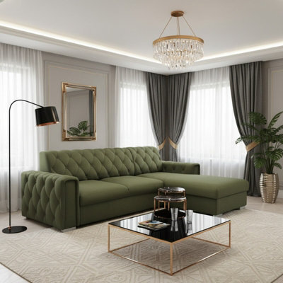 Roma Corner Sofa Bed With Storage Polyurethane Foam Wave Springs Metal Legs Wooden Frame 267X85X185Cm Olive Right - image 1