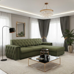 Roma Corner Sofa Bed With Storage Polyurethane Foam Wave Springs Metal Legs Wooden Frame 267X85X185Cm Olive Right