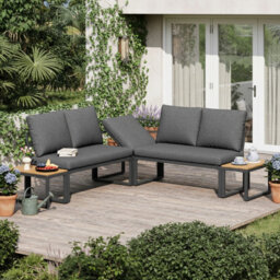 Btm Outdoor Garden Furniture Sofa Set, 5 Seater Convertible Patio Set With Plastic Wood Table, Weather Resistant, Grey - thumbnail 9