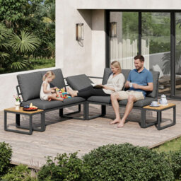 Btm Outdoor Garden Furniture Sofa Set, 5 Seater Convertible Patio Set With Plastic Wood Table, Weather Resistant, Grey - thumbnail 7