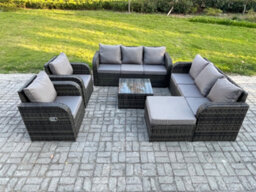 Fimous High Back Rattan Garden Furniture Set With Square Coffee Table Big Footstool Patio Lounge Sofa Set Dark Grey Mixed - thumbnail 2