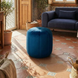 Wyld And Coco Blue Velvet Round Pouffe Footstool - Compact Elegant Accent Seating (W40 X D40 X H46Cm) - thumbnail 2