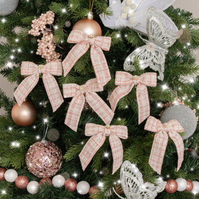 Melody Maison Set Of 6 Small Pink Tartan Boucle Jewelled Christmas Bow Decorations - image 1