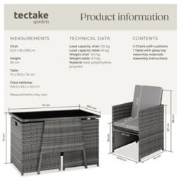 Tectake Garden Furniture Set Lausanne - 2 Chairs, 1 Table, Bistro Set, Weather Resistant - Grey - thumbnail 6