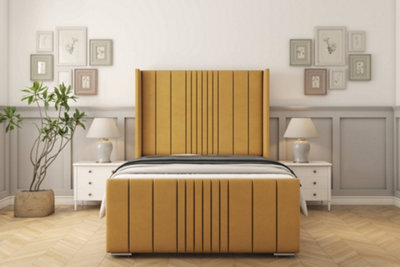 "Sloomy Hargrave Mustard Plush Bed Frame With 50"" Upholstered Wingback Headboard 2'6 Small Single" - image 1